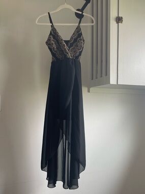 Windsor Black High-Low Dress with Gold Metallic Lace Bodice